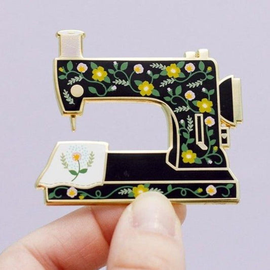 Sewing Machine Interactive Enamel Pin Black Floral Design