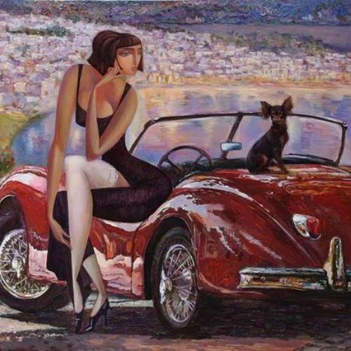 Lady And The Red Car Mint Decoupage Paper