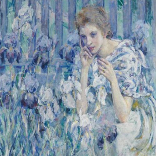 Woman With Irises Mint Decoupage Paper