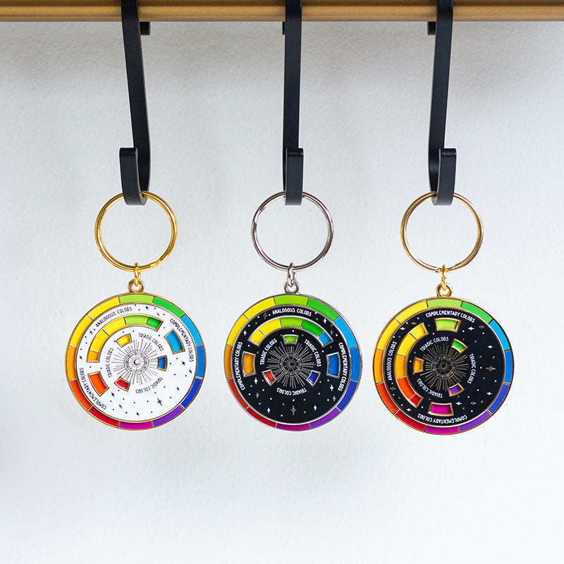 The Original Color Wheel© Interactive Spinner Enamel Keychain (White/Gold) Boxed