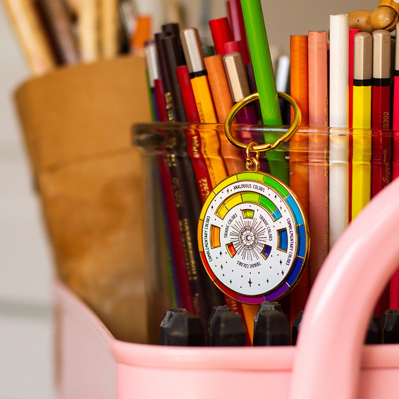 The Original Color Wheel© Interactive Spinner Enamel Keychain (White/Gold) Boxed