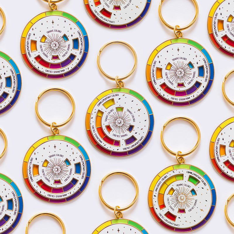 The Original Color Wheel© Interactive Spinner Enamel Keychain (White/Gold) Boxed