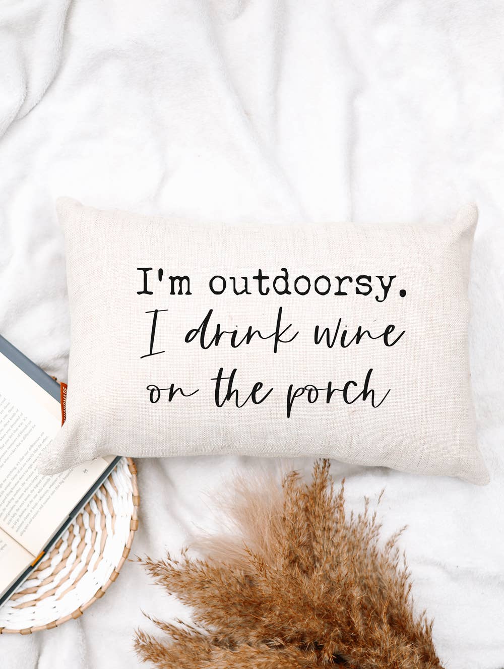 Outdoorsy Wine Quote Linen Lumbar Pillow