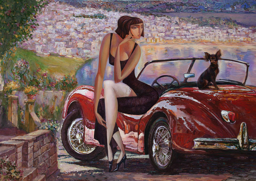 Lady And The Red Car Mint Decoupage Paper