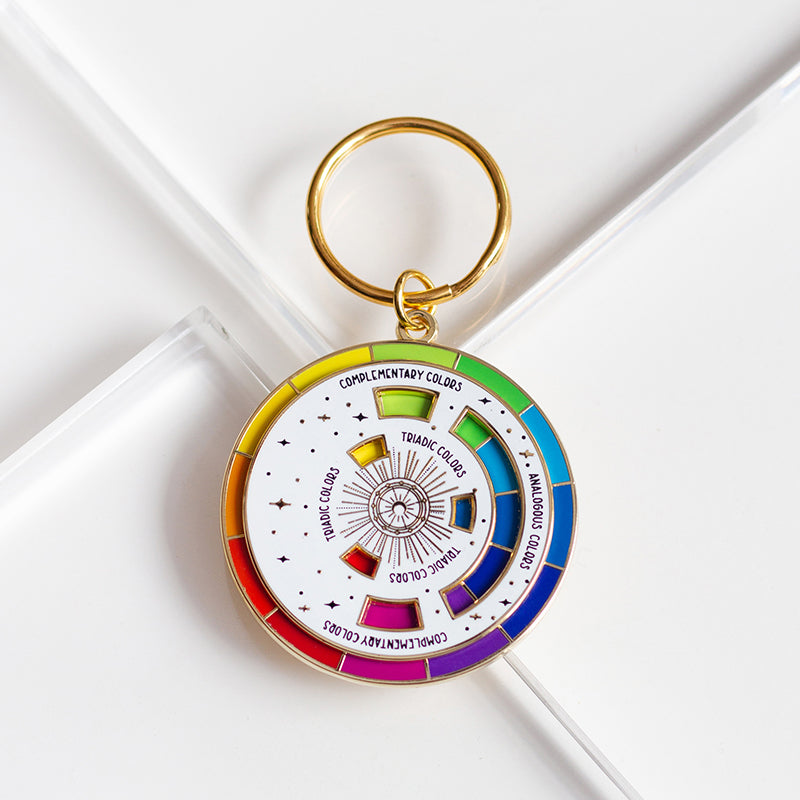 The Original Color Wheel© Interactive Spinner Enamel Keychain (White/Gold) Boxed